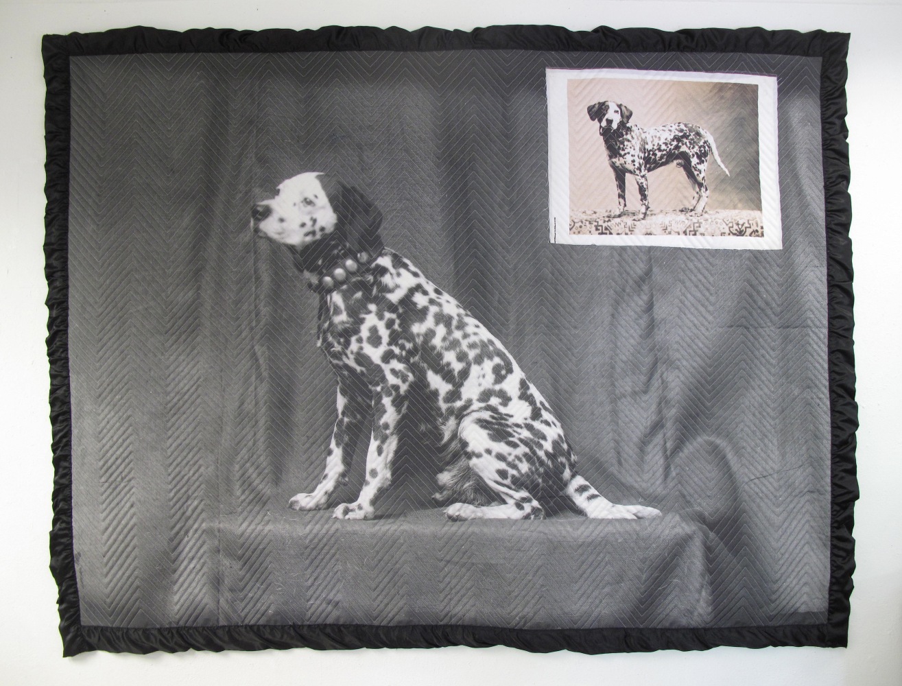 Helen Altman 2 Spotted Dogs, 2017 thermal transfers, satin binding, handkerchief and thread 69" x 89" x 1" approx. HA 647 Moody Gallery
