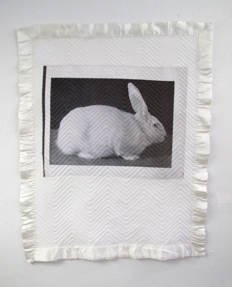 Helen Altman Small Blanket (White Rabbit), 2016 thermal transfer, quilted vintage baby blanket, thread 43" x 34" approx. HA 594 Moody Gallery