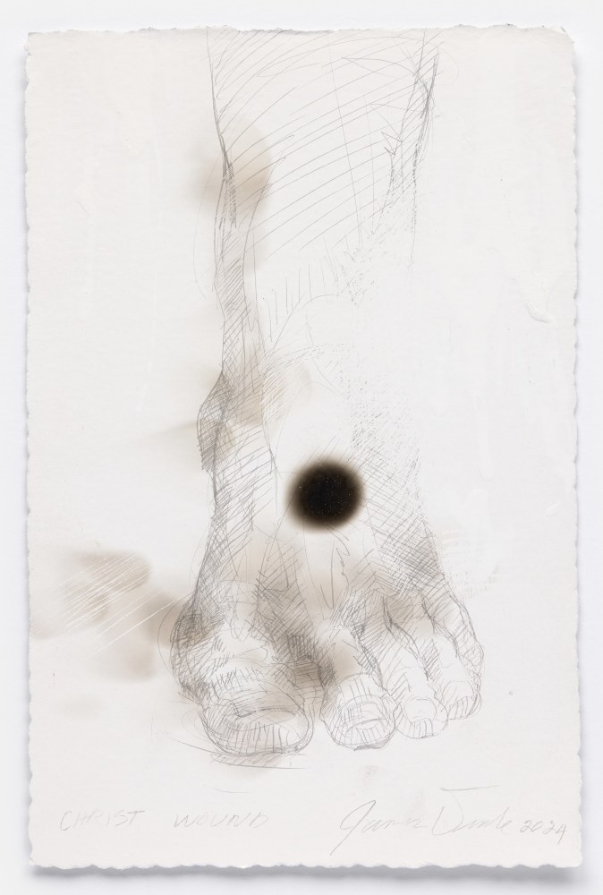 James Drake Christ Wound, 2024 silverpoint, smoke residue on burnt and gessoed paper 11 1/2" x 7 1/2" JD 374, Moody Gallery