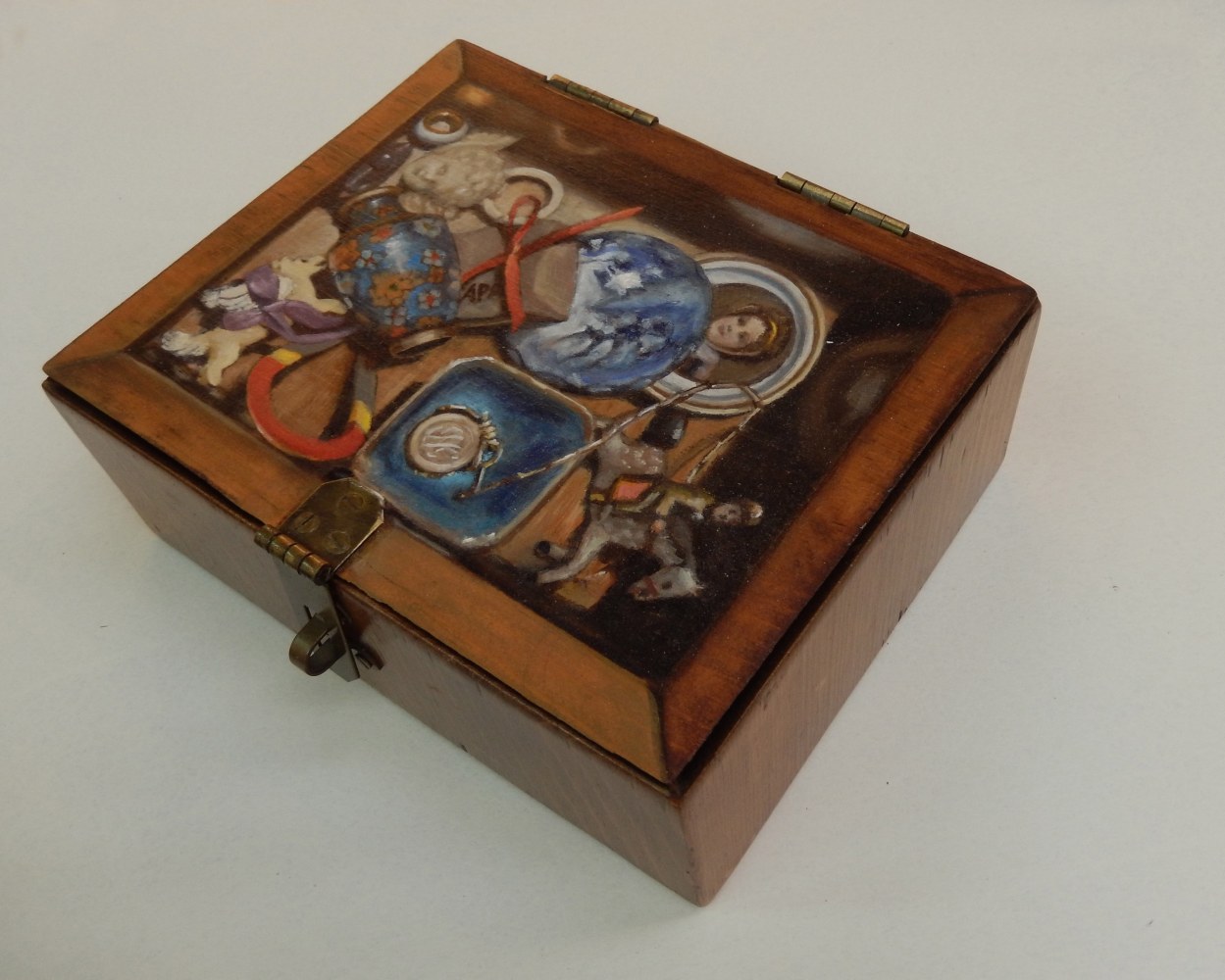 Jean Carruthers Wetta Memories from Yvonne 2014 oil on found wooden box 7 7/8" x 6 3/8" x 2 7/8" JCW 65 Moody Gallery
