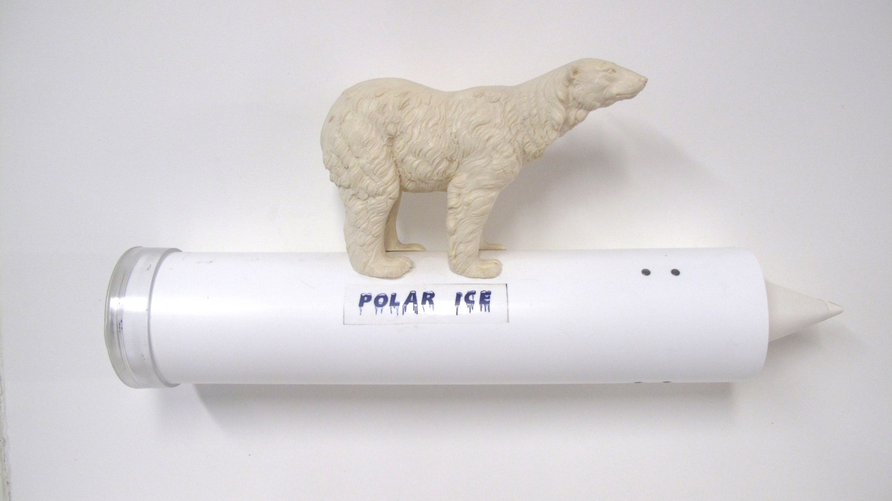 Helen Altman Polar Ice (2), 2019 cup dispenser, found object, paper cups and laser copy labels 9” x 19” x 4 1/4” Moody Gallery