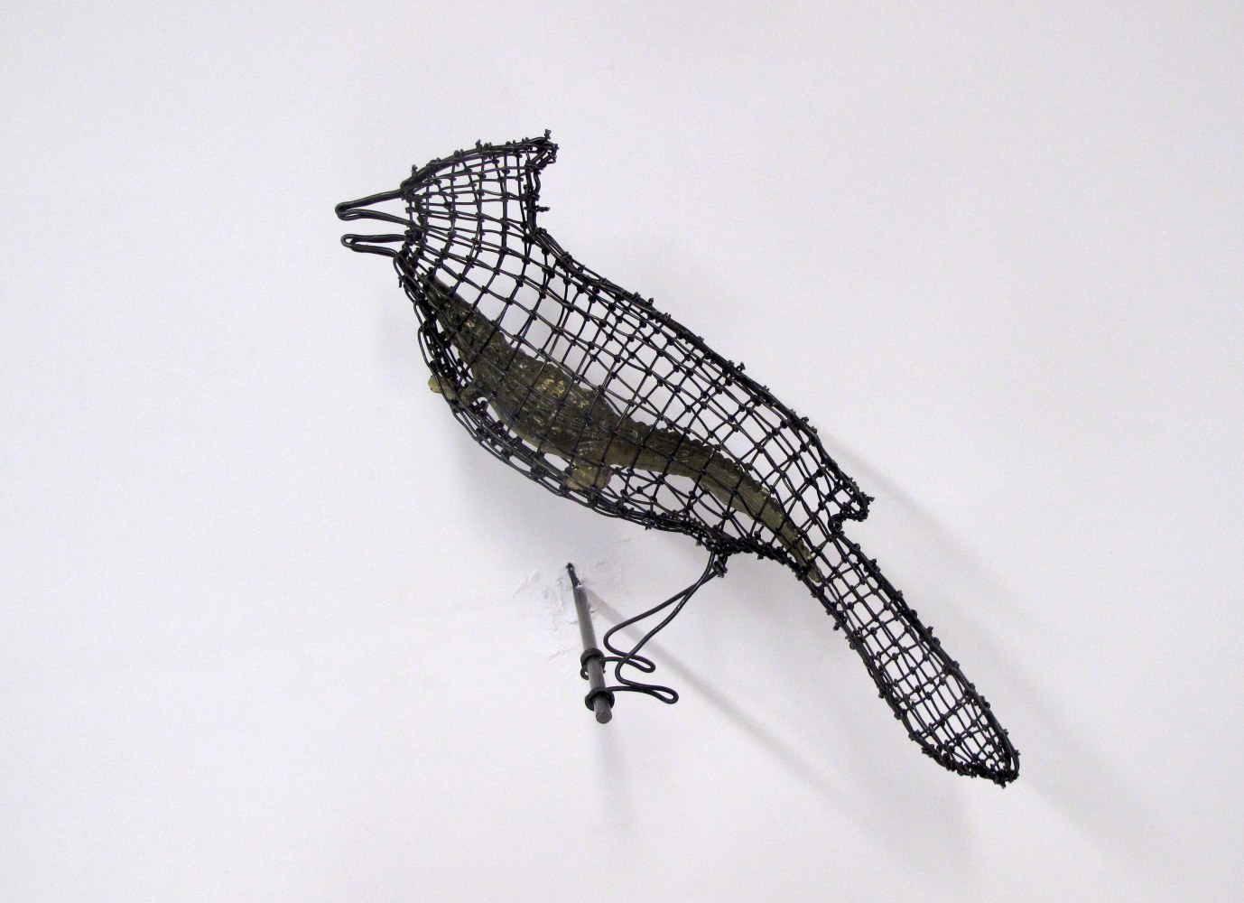 Helen Altman Gator / Jay, 2023 steel wire, vintage Britains lead alligator, metal perch 7" x 11 1/2" x 5 1/2" HA 858