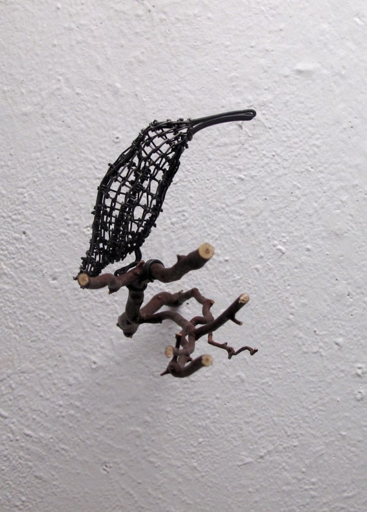 Helen Altman Little Hump-backed hummer, 2019 wire, Manzanita branch 5" x 3" x 12" HA 739 Moody Gallery