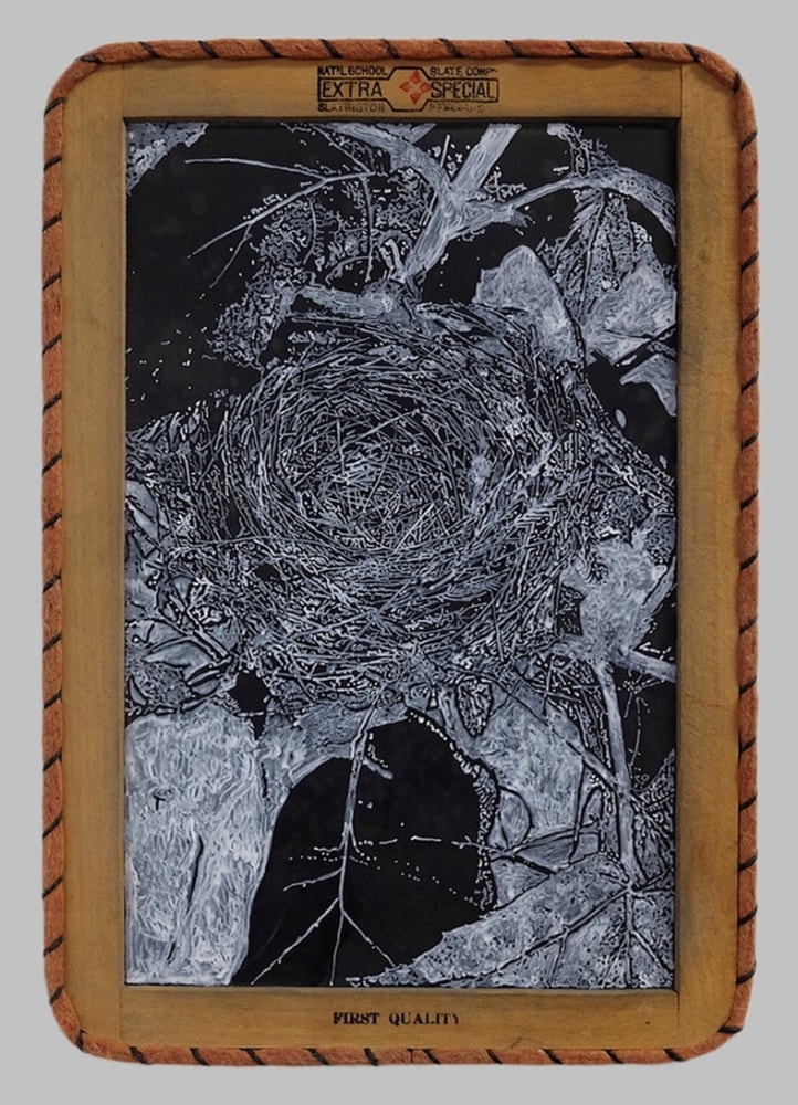 Helen Altman Nest 1, 2019 acrylic on slate chalkboard 13" x 9" x 3/8" HA 748, Moody Gallery