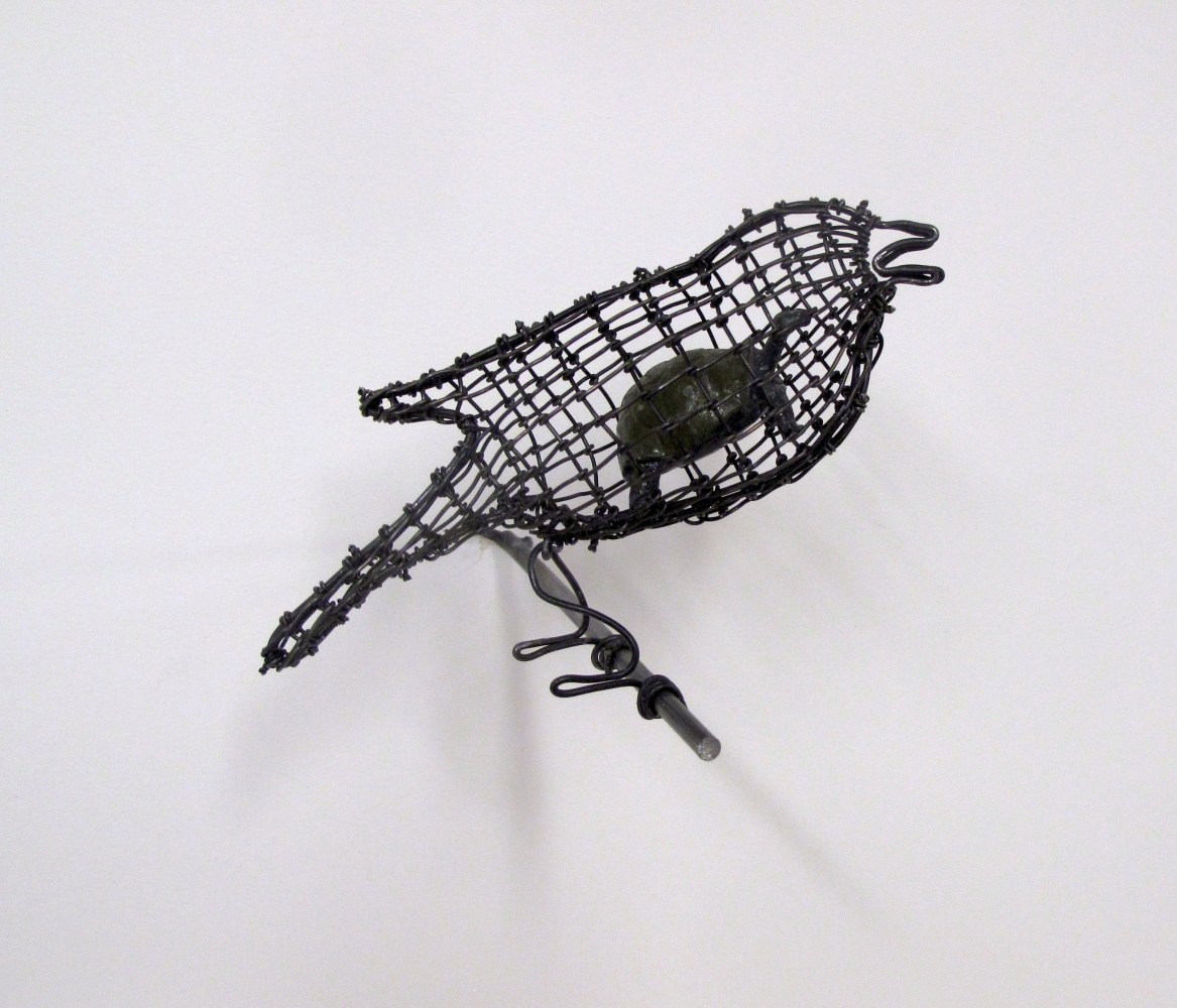 Helen Altman Tortoise / Bird, 2023 steel wire, vintage Britains lead tortoise, metal perch 4 1/2" x 5 1/2" x 5 1/2" HA 845