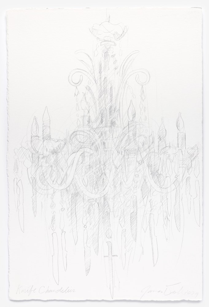 James Drake Knife Chandelier, 2024 silverpoint on gessoed paper 22 3/4" x 15 1/4" JD 385, Moody Gallery