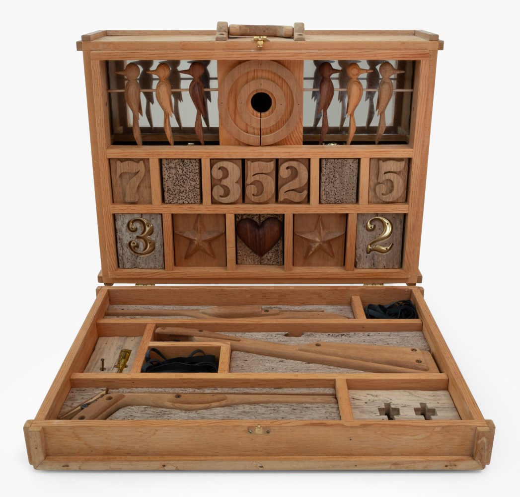 Roy Fridge The Great Portable Rubber Gun Shooting Gallery, 1975 carved wood, misc. elements closed: 18 1/2" x 24 3/4" x 8 3/8", open: 22" x 24 3/4" x 24" MC 1080