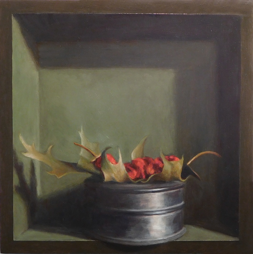 Jean Carruthers Wetta Dried Red Pepper, Oak Leaf, Silver Box, 2016 oil on masonite 10" x 10" x 2" JCW 77 Moody Gallery