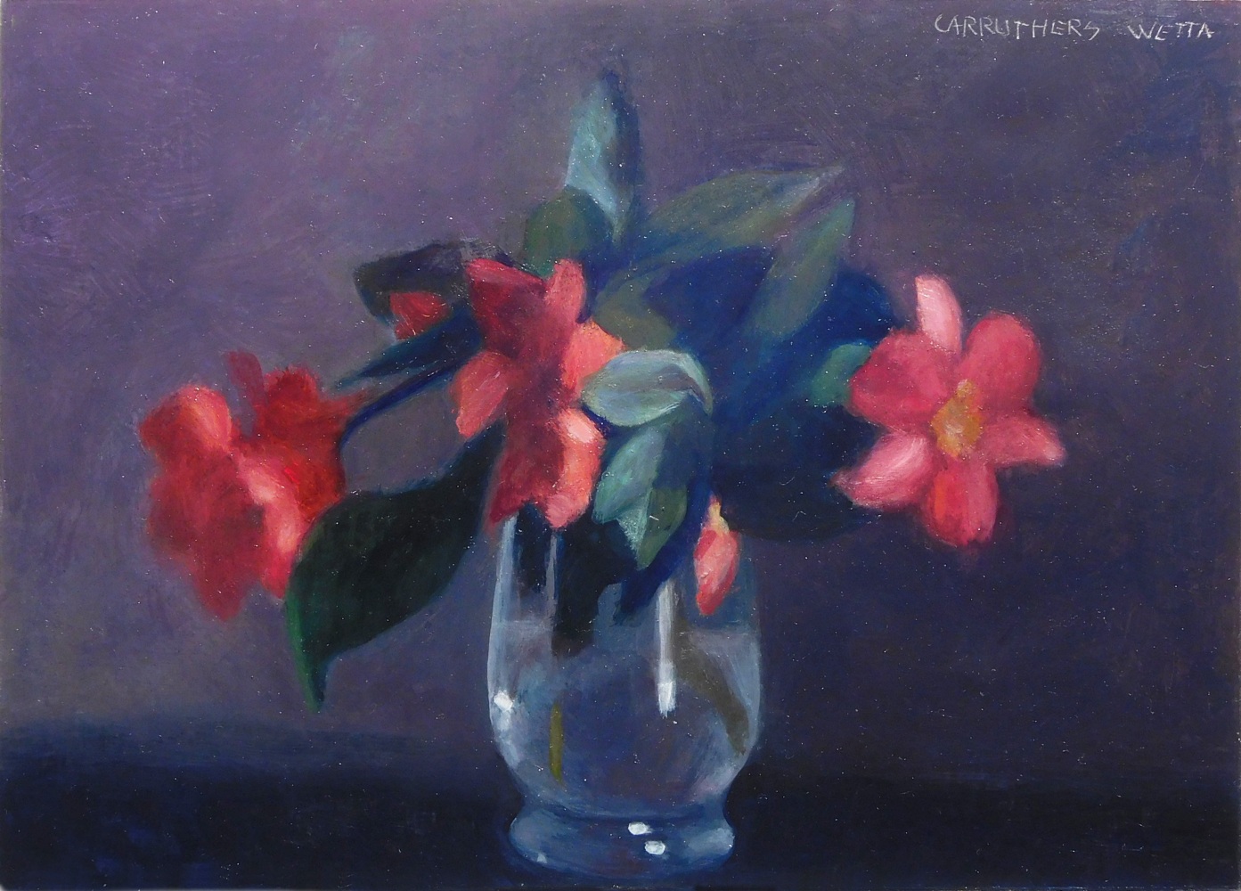 Jean Carruthers Wetta Red Flowers in a Water Glass, 2016 oil on multi-media artboard 5" x 7" JCW 70 Moody Gallery