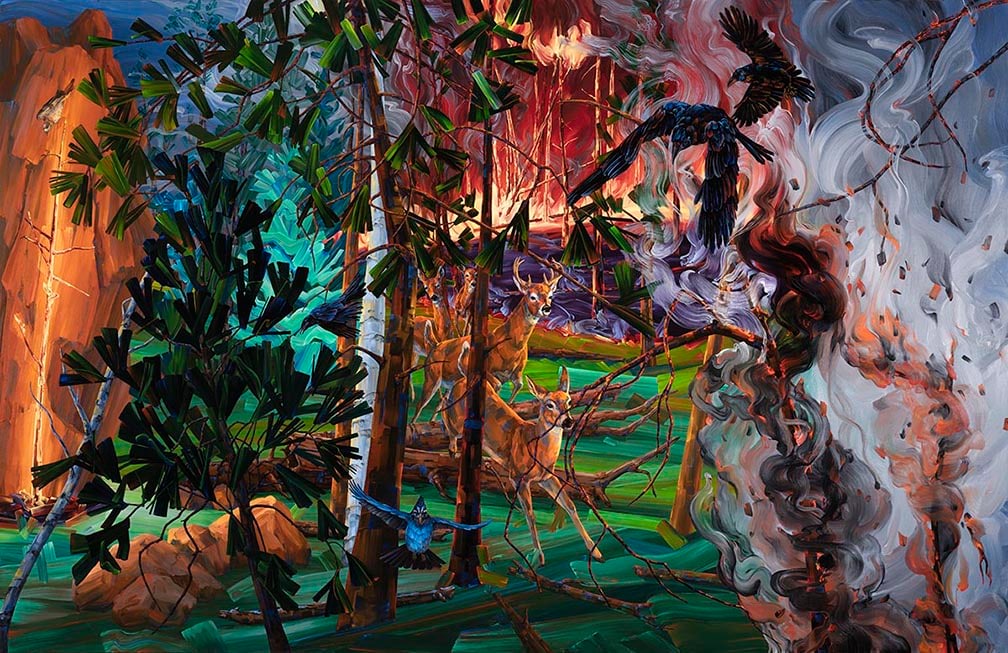 Melissa Miller Forest Fire, 2019 oil on canvas 65" x 100" MM 79, Moody Gallery