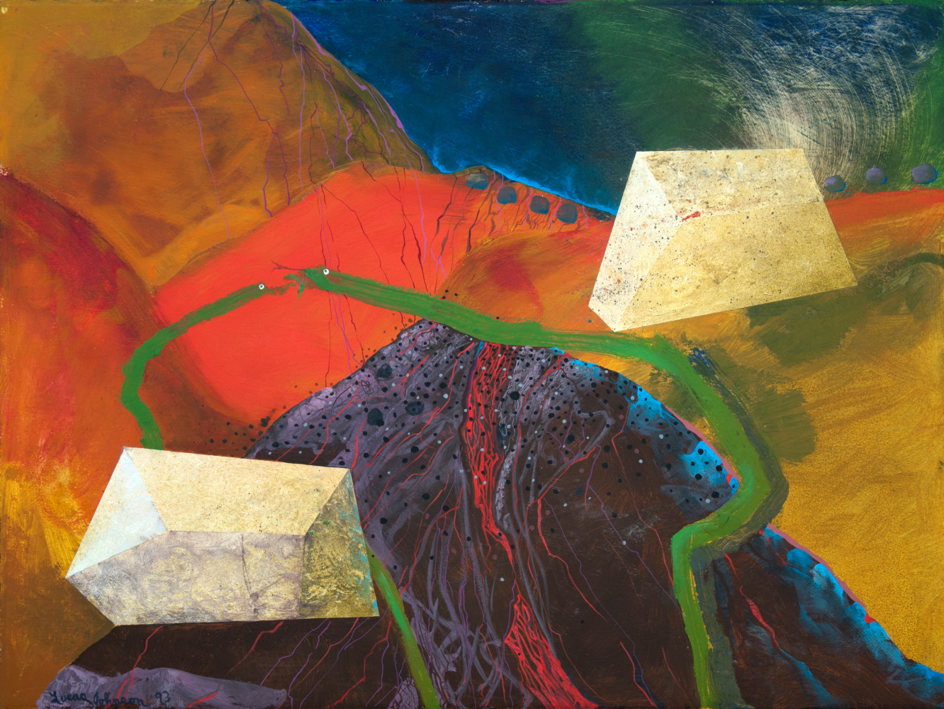 Lucas Johnson - "Untitled (Volcano Series)", 1993 acrylic on paper mounted on canvas 22 3/4" x 30 1/4" MC 637, Moody Gallery