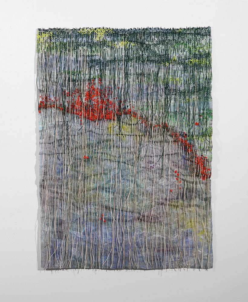 Sherry Tseng Hill from sea to shining sea, 2023 mulberry paper, acrylic paint, thread 35 1/2" x 24 1/2" STH 56 Moody Gallery