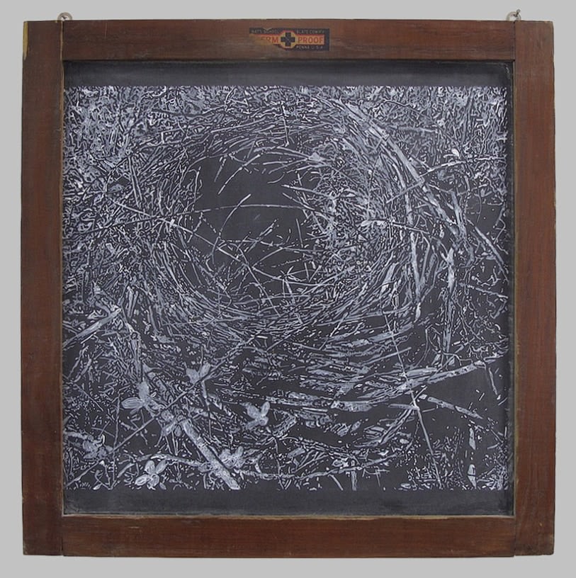Helen Altman Nest 9, 2019 acrylic on slate chalkboard 17" x 16 1/2" x 3/4" HA 756, Moody Gallery
