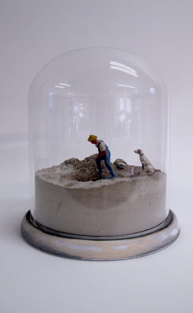 Helen Altman Digging Man, 2023 cast plaster, mixed media, wood and glass 8" x 6 3/4" x 6 3/4" HA 861