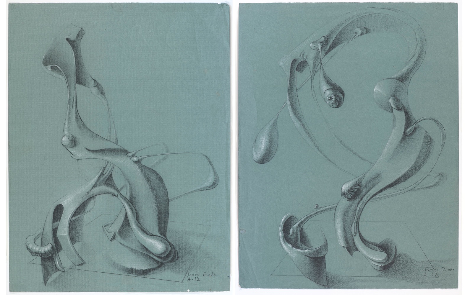 James Drake Magical Form 1 & 2 (For Lorser Feitelson), 1966 charcoal, conte crayon on paper 24 1/2" x 18 1/2" each JD 305