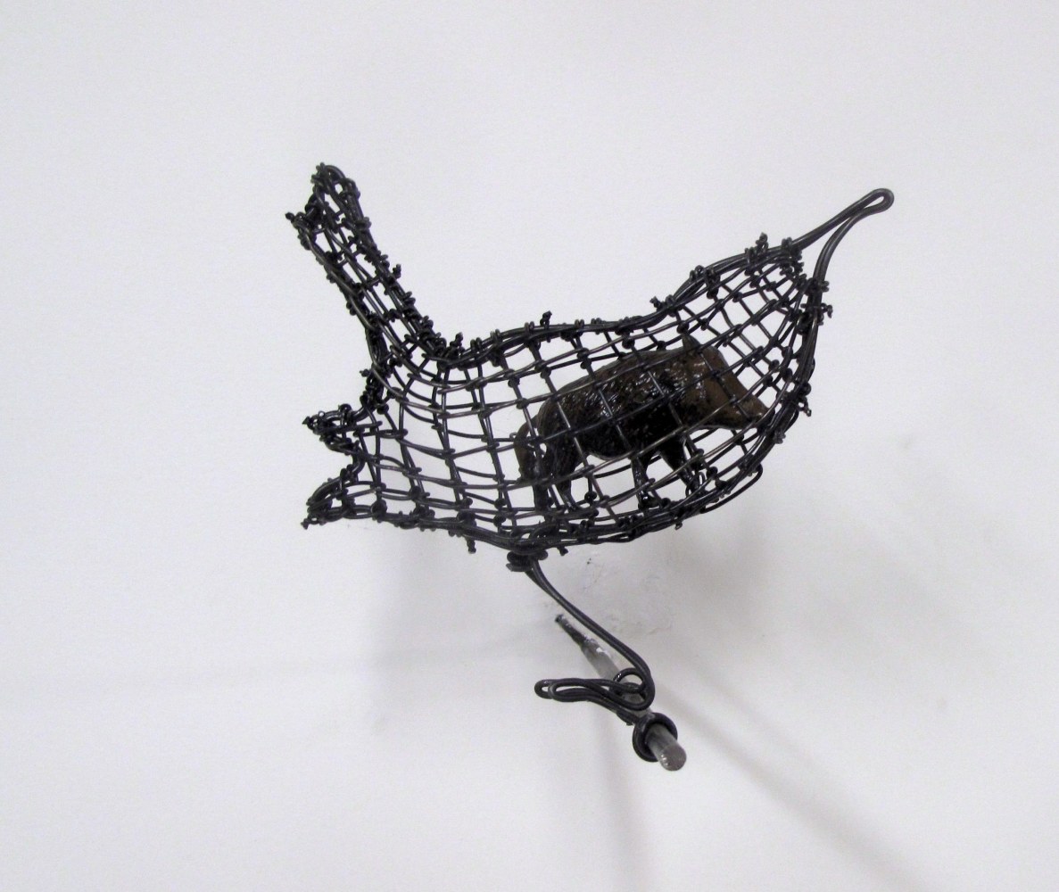 Helen Altman Wild Boar / Wren, 2023 steel wire, vintage Britains lead boar, metal perch 5 1/4" x 5 1/4" x 5 1/2" HA 850