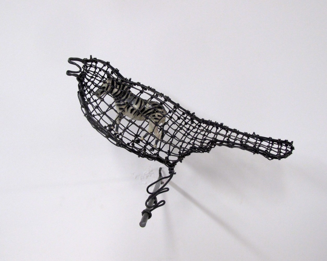 Helen Altman Zebra / Bird, 2023 steel wire, vintage Britains lead zebra, metal perch 5" x 8" x 5 1/2" HA 857