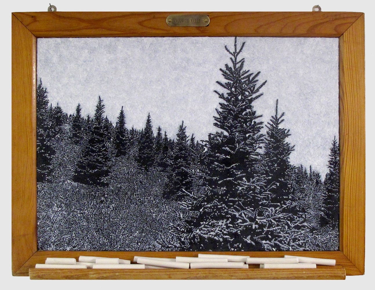 Helen Altman Hillside Trees, 2021 acrylic on vintage slate chalkboard and chalk 17" x 22 1/2" x 2" HA 782 Moody Gallery