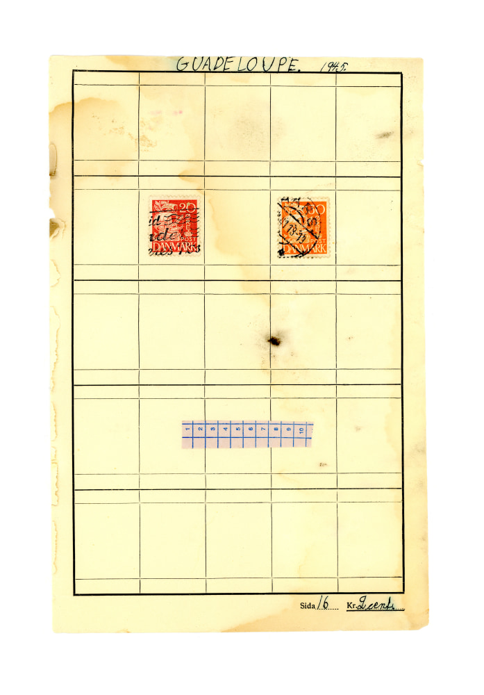 Jerry Jeanmard Guadeloupe (Stamps Collection), 2017 collage on paper 8 3/4" x 5 3/4" JJ 162 Moody Gallery