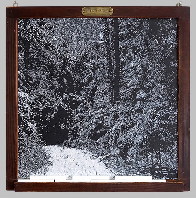 Helen Altman Snowy Path, 2023 vintage slate chalkboard, acrylic and chalk 16 1/2" x 16" x 1 1/2" HA 842
