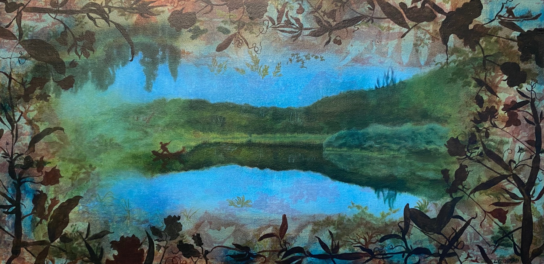 Liz Ward
Lake Eliza, 2024
oil on printed fabric on panel
12" x 24”
LW 333