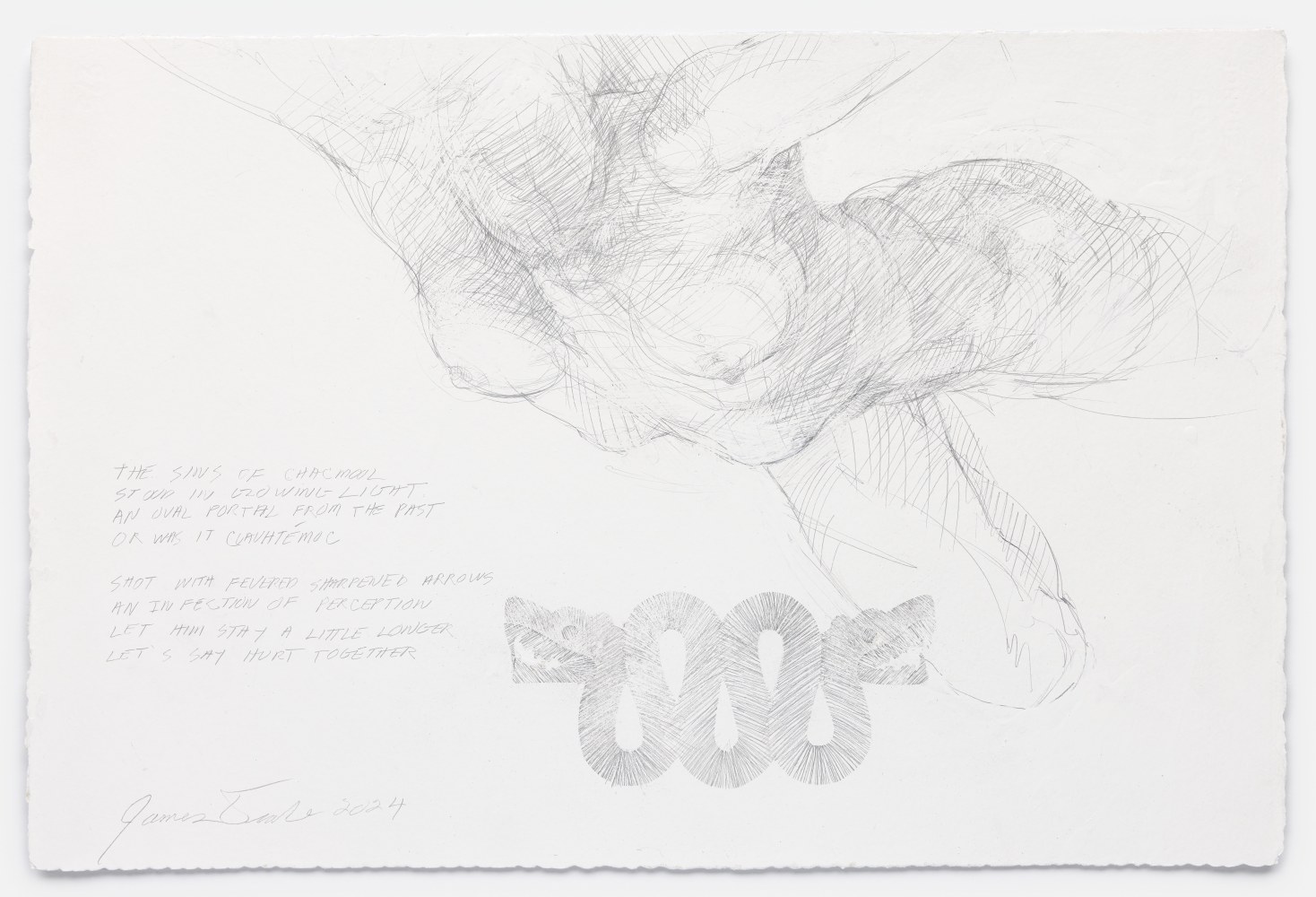 James Drake The Sins of Chacmool, 2024 silverpoint on gessoed paper 15" x 22 3/4" JD 359, Moody Gallery