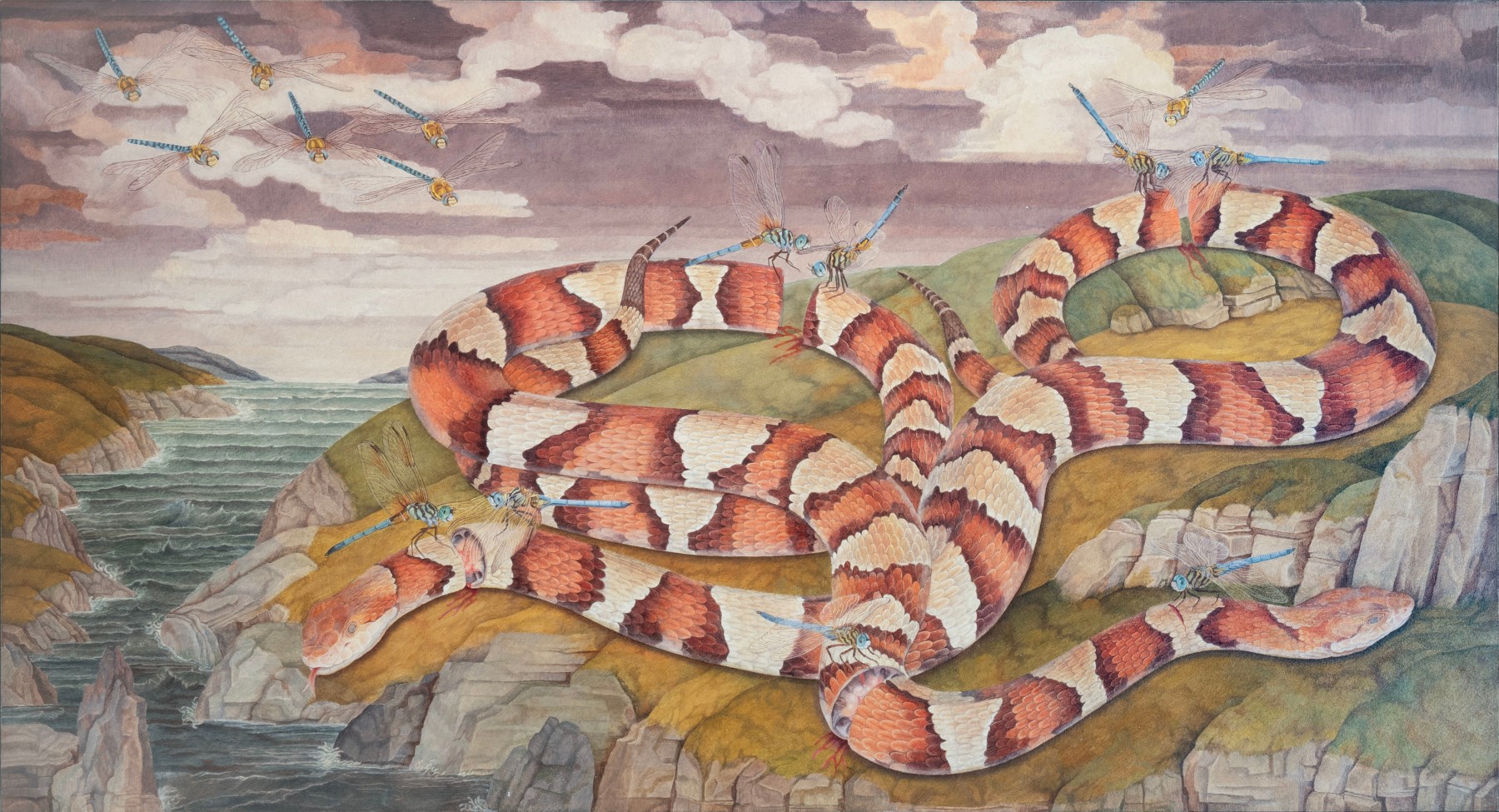 Ellen Tanner Snake Doctors, 2025 oil on panel 10&quot; x 18&quot; ET 67, Moody Gallery