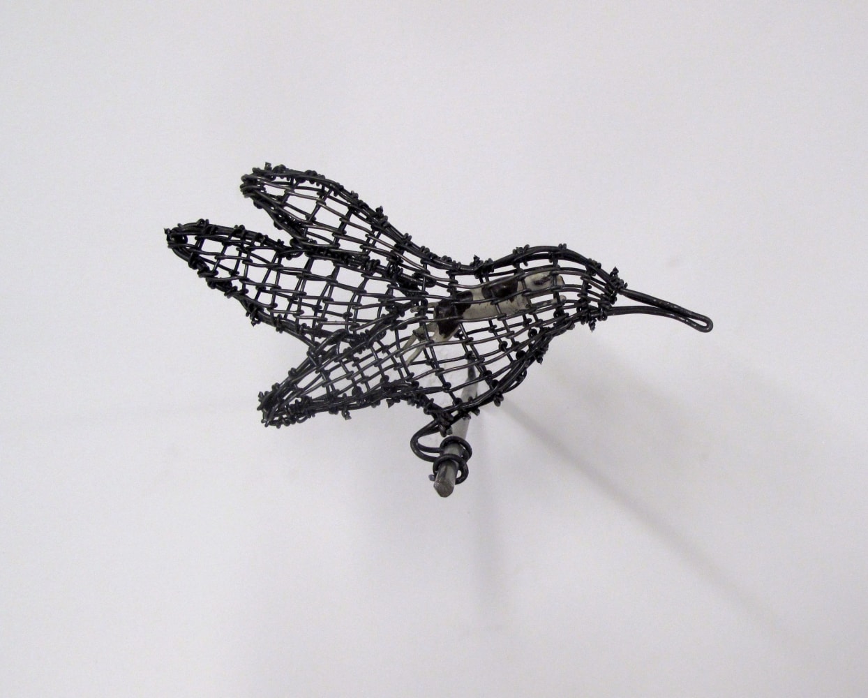 Helen Altman Running Dog / Hummer, 2023 steel wire, vintage Britains lead dog, metal perch 3" x 6" x 5 1/2" HA 856