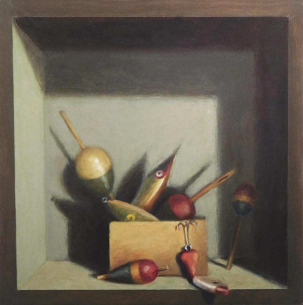 Jean Carruthers Wetta Fishing Lures, 2016 oil on masonite 10" x 10" x 2" JCW 78 Moody Gallery