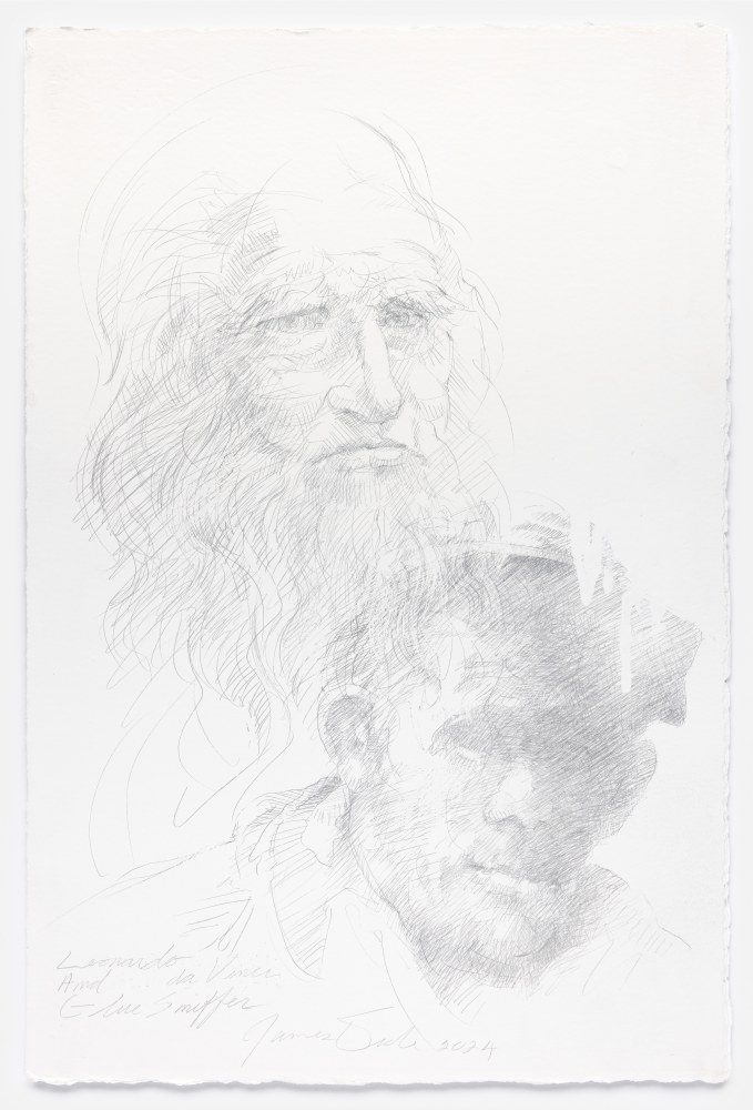 James Drake Leonardo da Vinci with Glue Sniffer, 2024 silverpoint on gessoed paper 22 3/4" x 15 1/4" JD 379, Moody Gallery