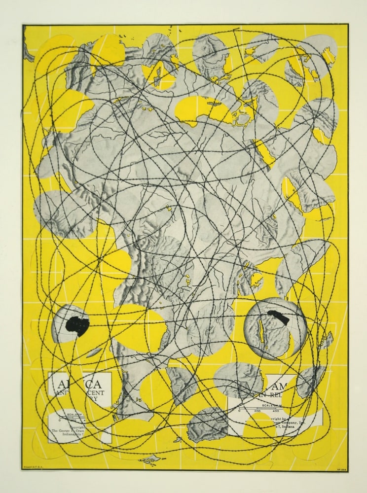 Al Souza Yellow Continents, 2008 cut paper, thread 11" x 8" AS 873 moody gallery