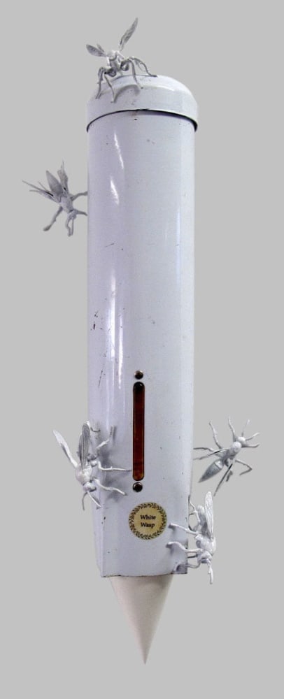 Helen Altman White Wasp, 2019 cup dispenser, paper cups, cast copper, paint and laser decal 17" x 5" x 4” HA 763, Moody Gallery