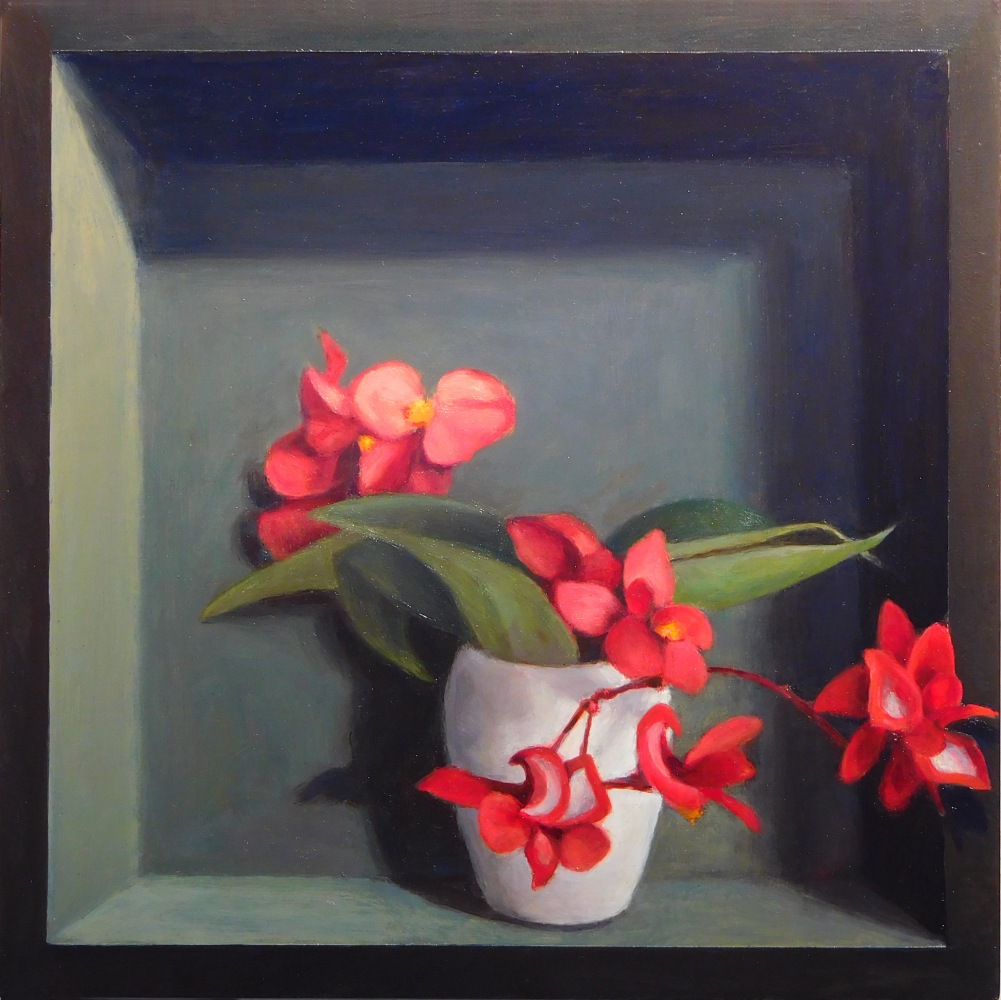 Jean Carruthers Wetta Red Flowers, White Vase, 2016 oil on masonite 10" x 10" x 2" JCW 79 Moody Gallery