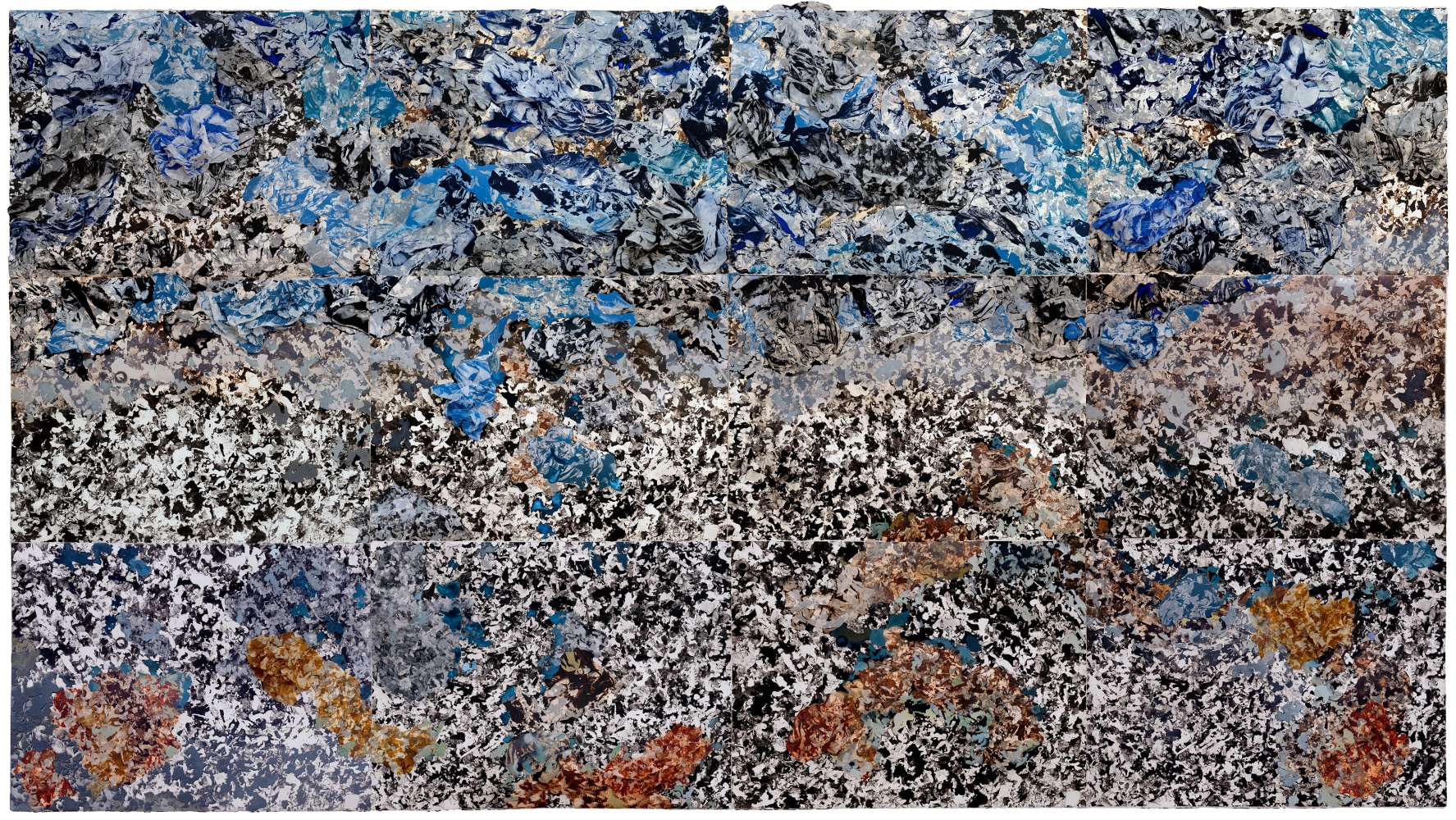 Camouflage, 2024 
Solar etching, silkscreen, chine collé, hand painting with 3D elements
66 x 120 in. (167.6 x 304.8 cm)
Comprised of 12 prints, each at 22 x 30 in. (55.9 x 76.2 cm) 
Sala-1326-C