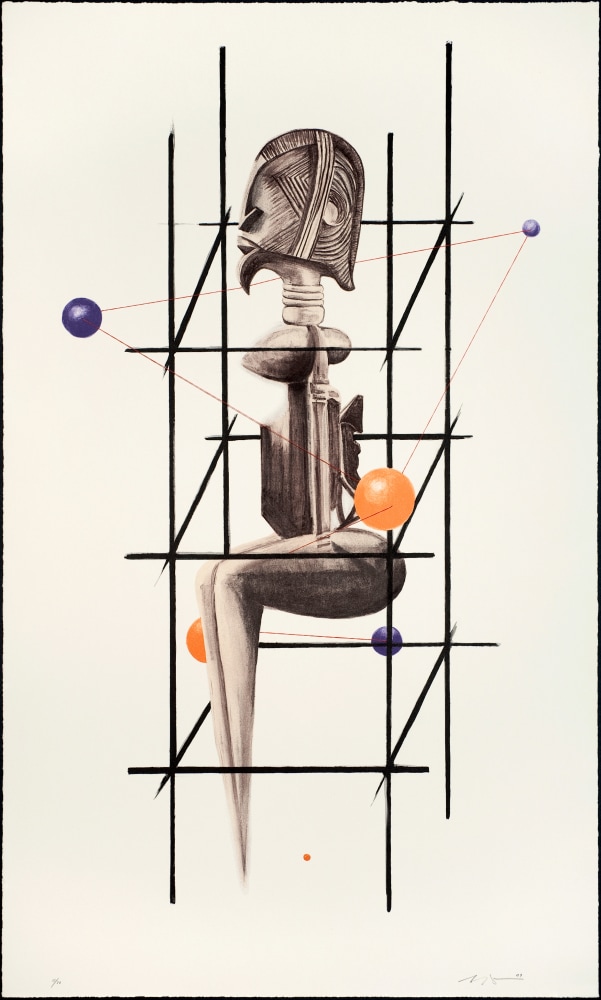 Sanford Biggers
Psyche, 2009-2011
Color lithograph with hand sewn thread
43 1/4 x 25 1/2 in. (109.9 x 64.8 cm)
Edition of 30
Published by Goya Contemporary / Goya-Girl Press
Big-0038-CO