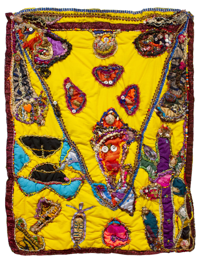 Person on a Swing, circa 1996
Fabric, thread, yarn, buttons, rocks
39 x 31 in.&amp;nbsp;(99.1 x 78.7 cm)
Private Collection
&amp;copy; The Estate of Elizabeth Talford Scott at Goya Contemporary Gallery