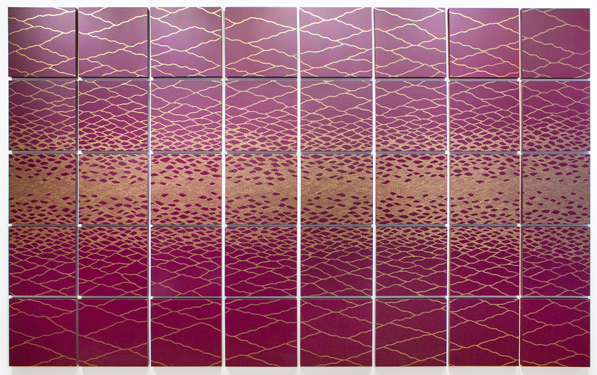 Untitled (Wine and Gold), 2016-17&amp;nbsp;
Enamel on panel
84 x 135 in. (213.4 x 342.9 cm)
40 panels, 16 x 16 in. (40.64 x 40.64 cm) each
Brow-1154-C