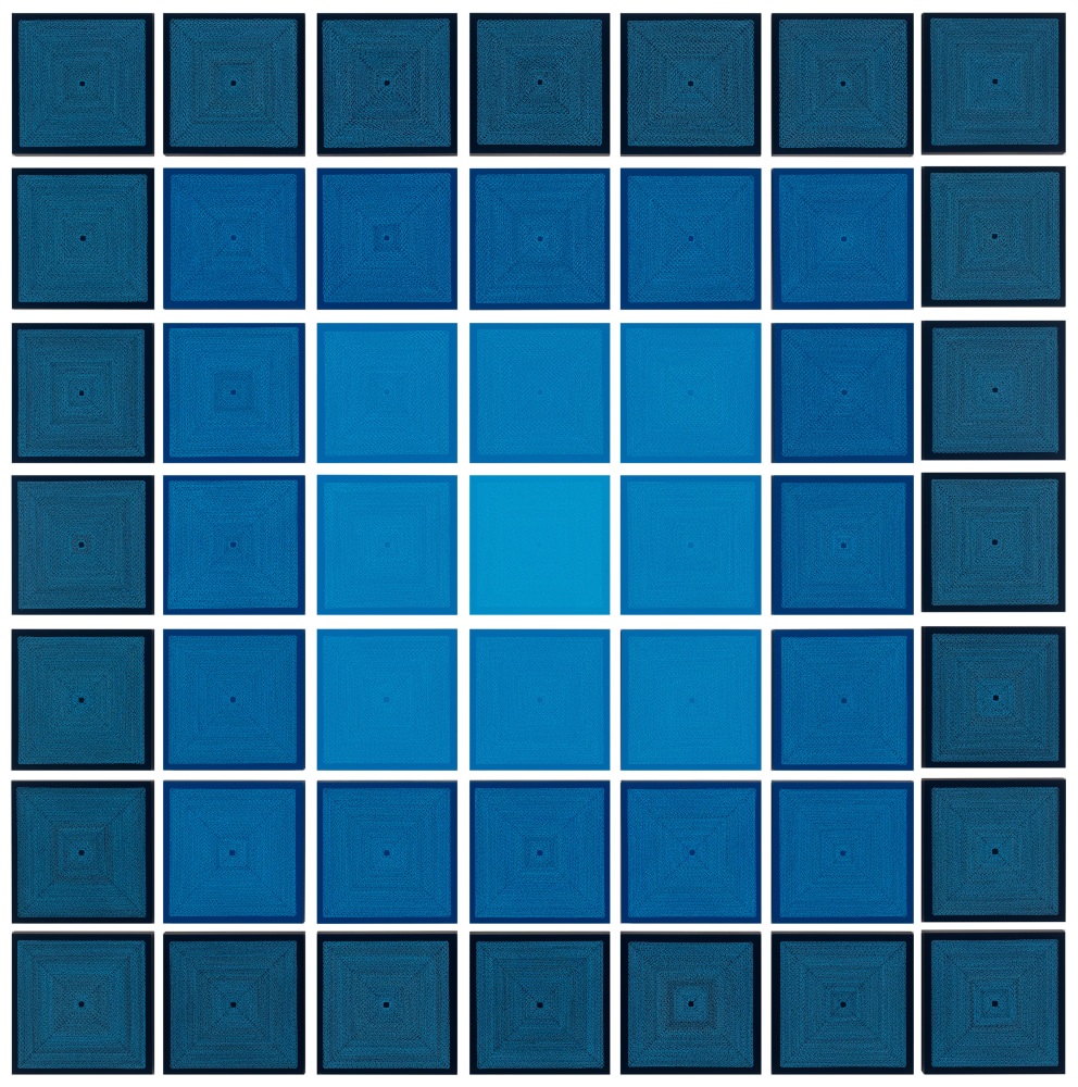 Blue Squares on Blue, 2021
Enamel on wood panels
90 x 90 inches installed
Each panel: 12 x 12 inches, 49 panels
Brow-1161-OS