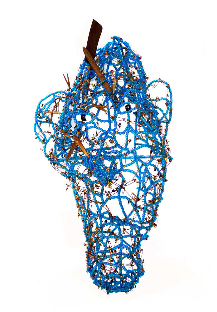 Untitled (Blue Face), circa 1990s
Beads, thread, wire, metal, safety pins, scissors, knife, letter opener, oxidation
39 x 22 x 15 in. (99.1 x 55.9 x 38.1 cm)
Scot-1239-C