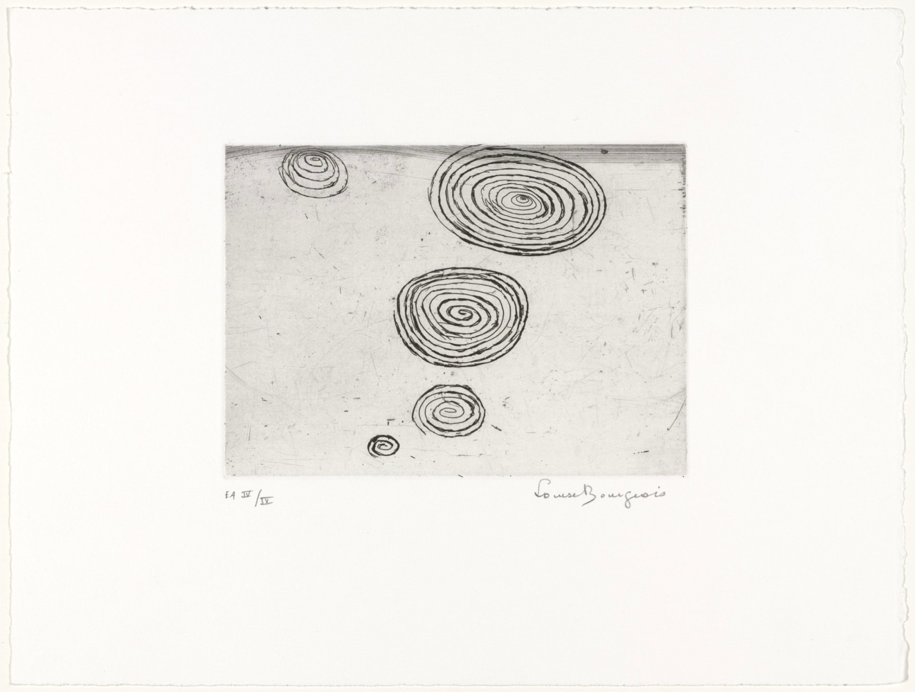 Louise Bourgeois

Spirals, c. 1974, reprinted 1990

Etching on wove Arches paper

9 15/16 x 12 15/16 in.&amp;nbsp;(25 x 33 cm)

Edition 14 of 50

Private collection