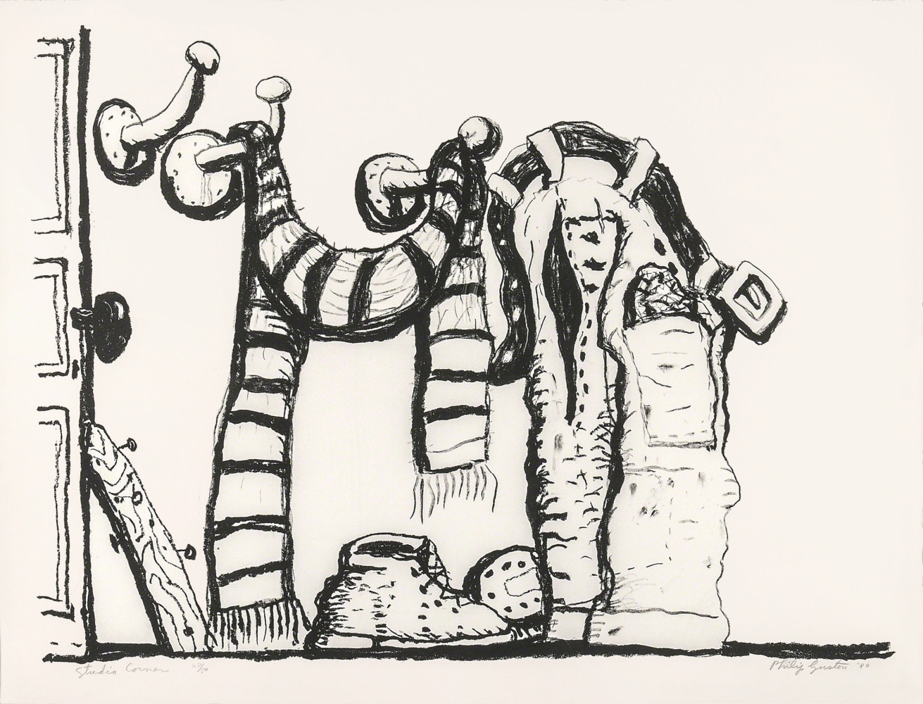 Philip Guston
Studio Corner,&amp;nbsp;1980
Lithograph on Arches paper
32.1 x 42.52 (81.5 x 108 cm)
Edition 41 of 50
Private collection