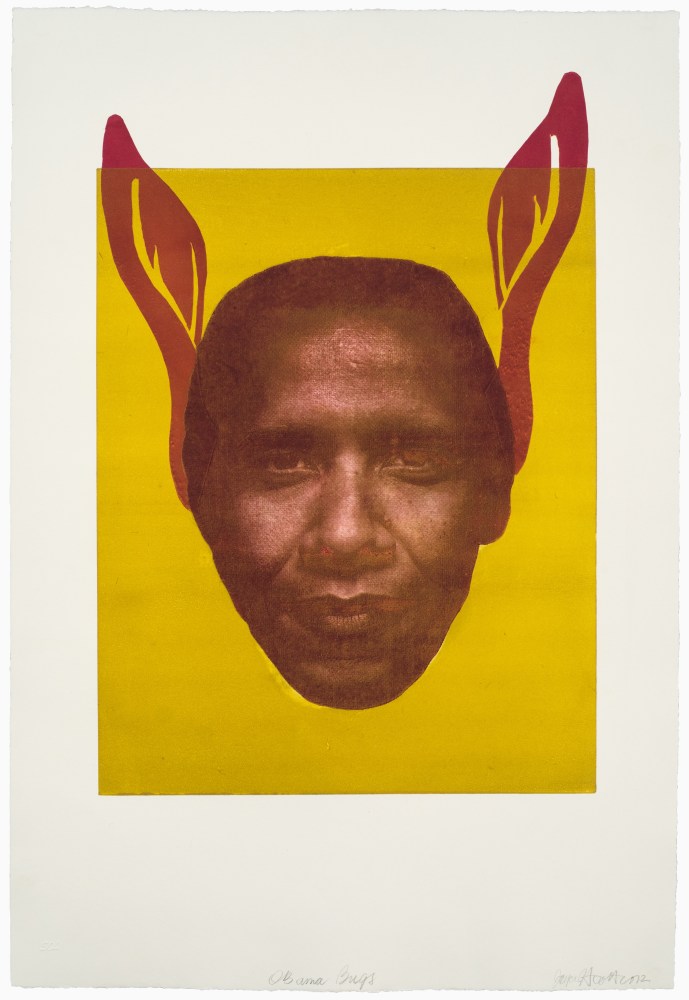 Joyce J.Scott
Obama Bugs, 2012
Monoprint from the Obama Series on paper
Paper: 30 x 22 in. (76.2 x 55.88 cm)
Frame: 34 1/2 x 24 1/2 in. (87.63 x 62.23 cm)
Published by Goya Contemporary / Goya Girl Press
Scot-1022-C