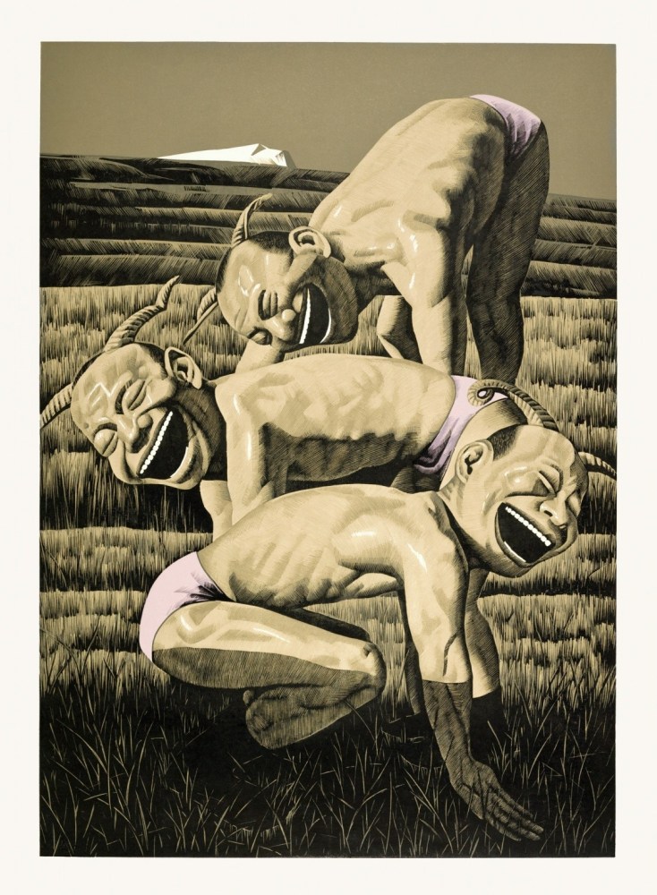 From the Grasslands Series: Three Figures, 2008

Woodcut on paper

46 1/4 x 34&amp;nbsp;1/8 in. (117.5 x 86.7&amp;nbsp;cm)

Edition of 80