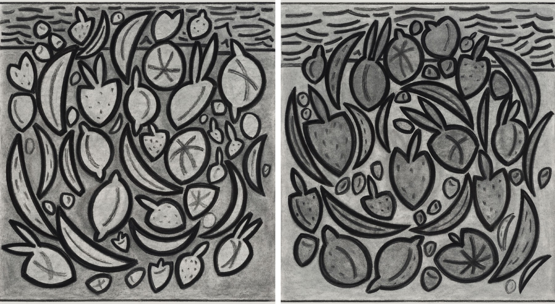Left Fruit and Right Fruit, 2021
Vine charcoal on paper
33 x 29 in. (83.8 x 73.7 cm) each
Weis-1069-C, Weis-1070-C-OS