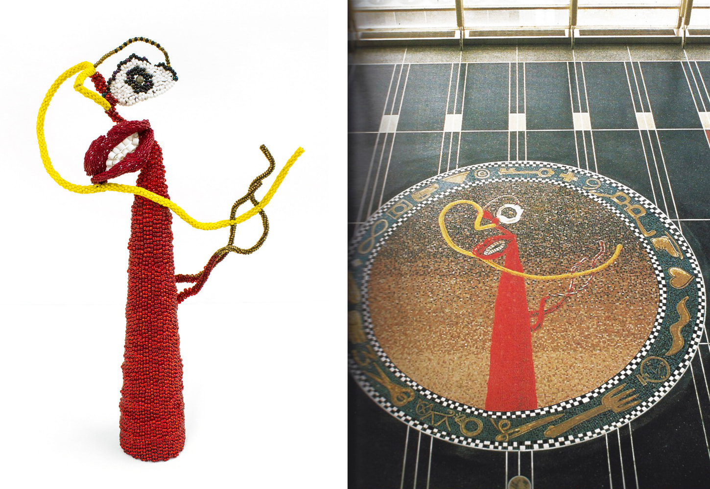 Joyce J. Scott
Lips, 1991
Glass beads, thread, wire
17 x 9 1/4 x 3 in. (43.2 x 23.5 x 7.6 cm)
Scot-1121-C
*Lips (sculpture) pictured next to Lips (floor medallion) marble and glass mosaic, 18-foot diameter, installed at Reagan Washington National Airport, Concourse Level Terminal C, Arlington, VA
 