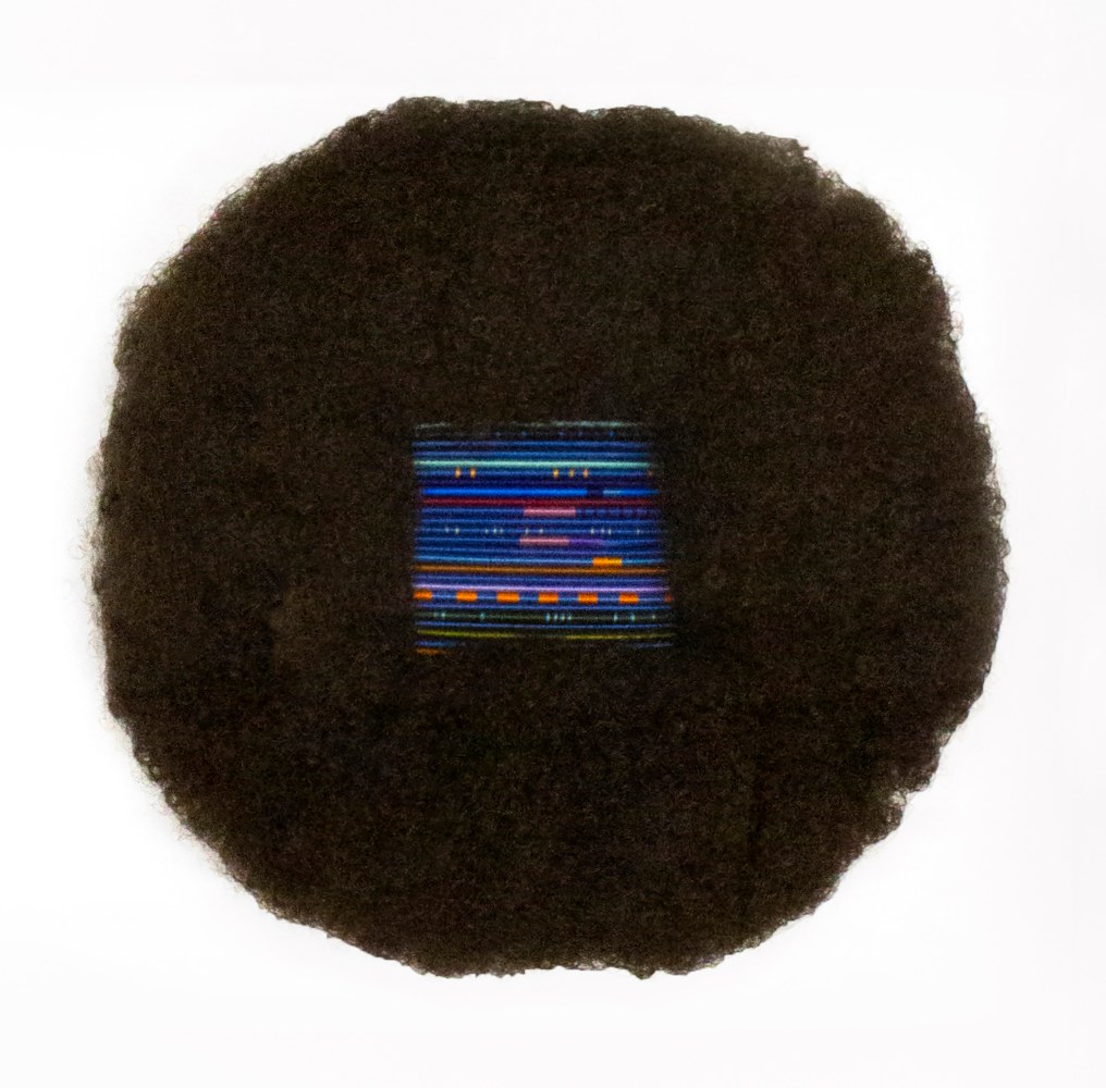 Sonya Clark&amp;nbsp;
For Colored Girls, A Rainbow, B1, 2019
Wig, cast plastic combs, wrapped thread
12 x 12 x 3 in. (30.5 x 30.5 x 7.6 cm)
Clar-1032-C