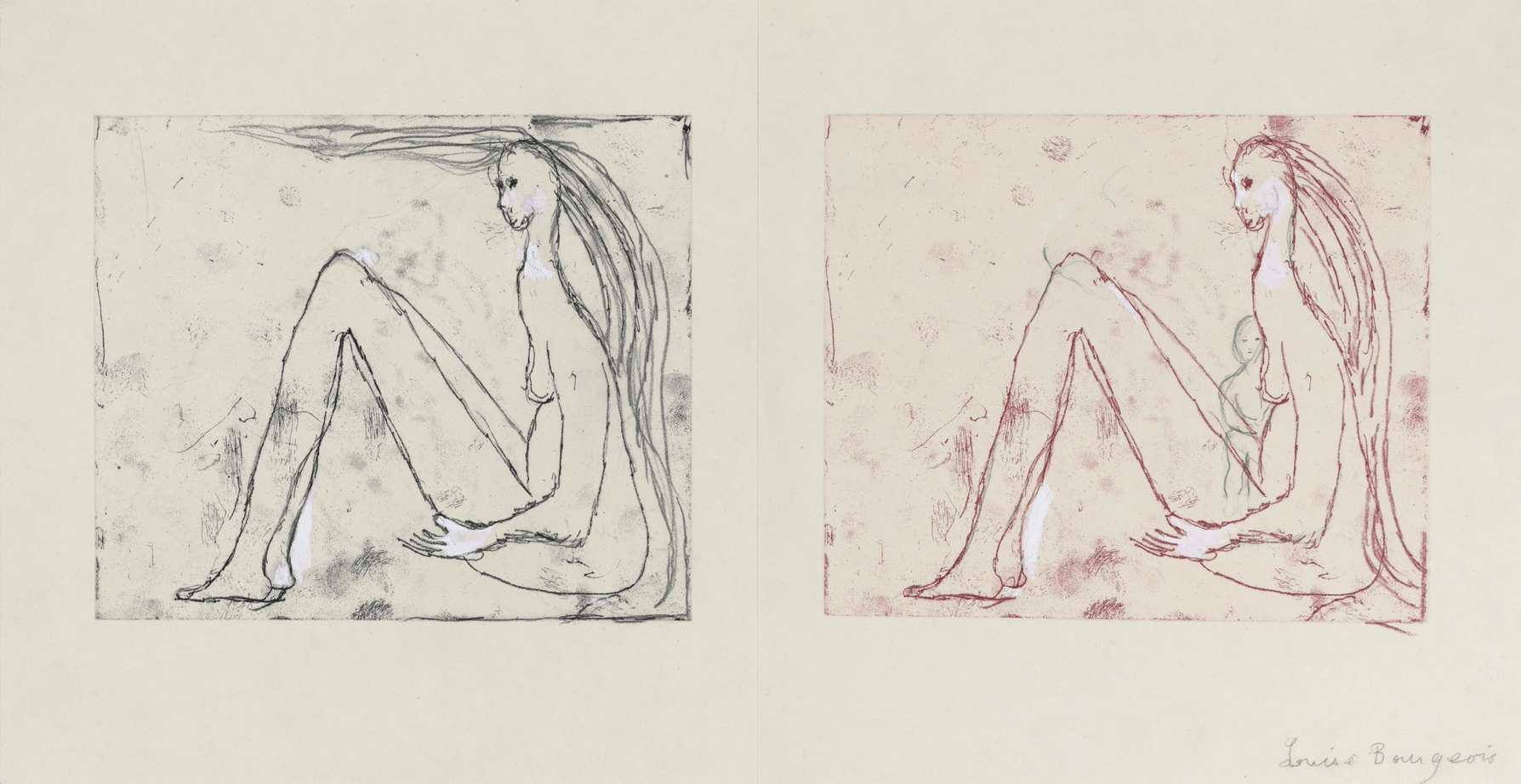 Seated Woman,&amp;nbsp;2004&amp;nbsp;
Etching with Gouache, pencil, color pencil on paper &amp;amp; mounted to 4Ply archival board
12 3/4 x 34 1/8 in. (32.39 x 86.68 cm)
Study 3/6- Edition of 6 Unique Studies
Bour-0003-O