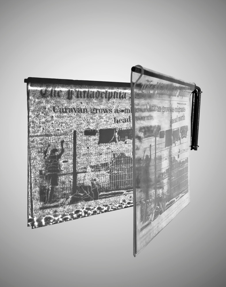 From the Series:&amp;nbsp;Newspaper, Almost Transparent,&amp;nbsp;2019

Engraved and sandblasted folded glass with articulated shadow projection print, metal armature

12 x 12 in. (30.5 x 30.5 cm)

Variable edition of 5

Sala-1246-C