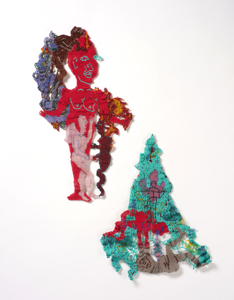 Intentional, 2022
Glass beads, thread
Left piece: 16 x 9 in. (40.64 x 22.86 cm)
Right piece: 12 x 10 in. ( 30.48 x 25.4 cm)
Scot-1258-C