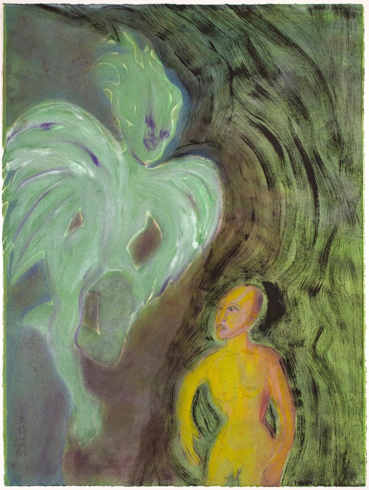 Joyce J. Scott
Visitation, 2016&amp;nbsp;
Monoprint with unique hand painting
29 1/2 x 22 1/4 in. (74.93 x 56.5 cm)
Published and printed by Goya-Girl Press in 1999, reworked at Sole Print Studio 2016
Scot-1216-C